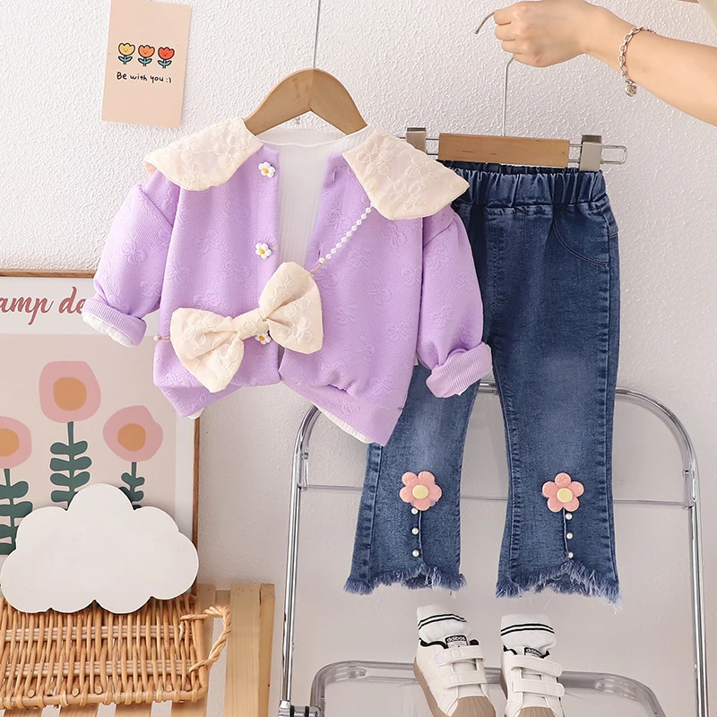 

Baby Girls Clothing Sets Autumn Children Bow Coats T Shirt Jeans 3 Pcs Suit Kids Tracksuit 1-4 Y Infant Casual Clothes Outfits