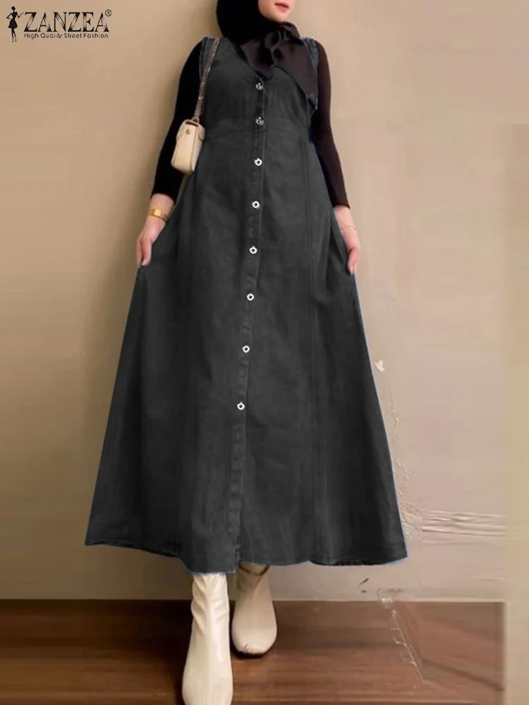 ZANZEA Muslim Islamic Elegant Abaya Denim Blue Sleeveless Loose Casual Women Suspender Vestidos Button Up V Neck Overall Dress