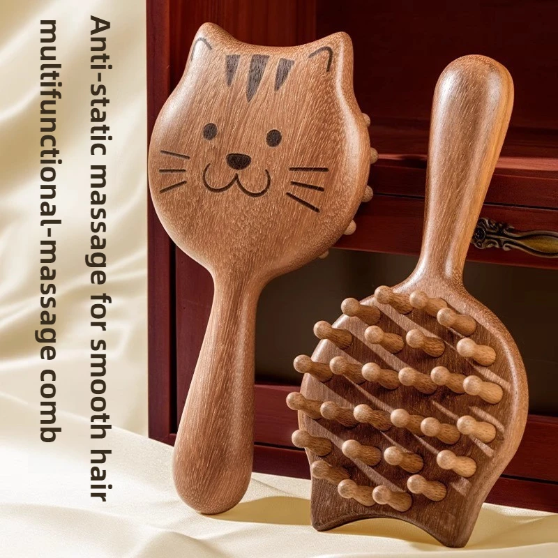 Neuer Massagekamm aus Holz für die Kopfhaut, niedliches Cartoon-Kätzchen-Design, lindert Müdigkeit, hält das Haar gesund, breite Zähne, Luftkissen, 1/2 Stück