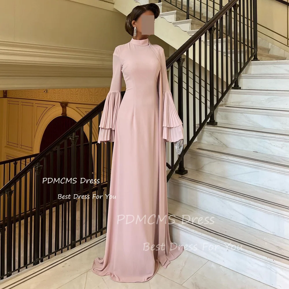 

Simple Pink Mermaid Prom Dresses Flare Pleats Long Sleeves Stretch Modest O-Neck Arabic Women Evening Gowns Formal Party Dress