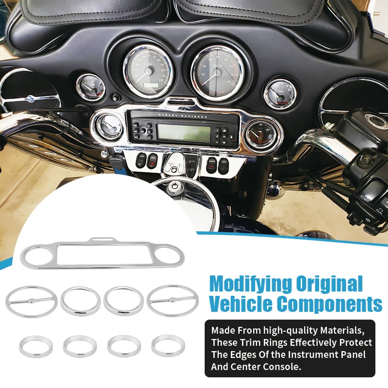 Chrome Dashboard Radio Trim Bezel Gauge Speedometer Rings Kit for Harley Touring Electra Road Street Glide Road King 1996-2013