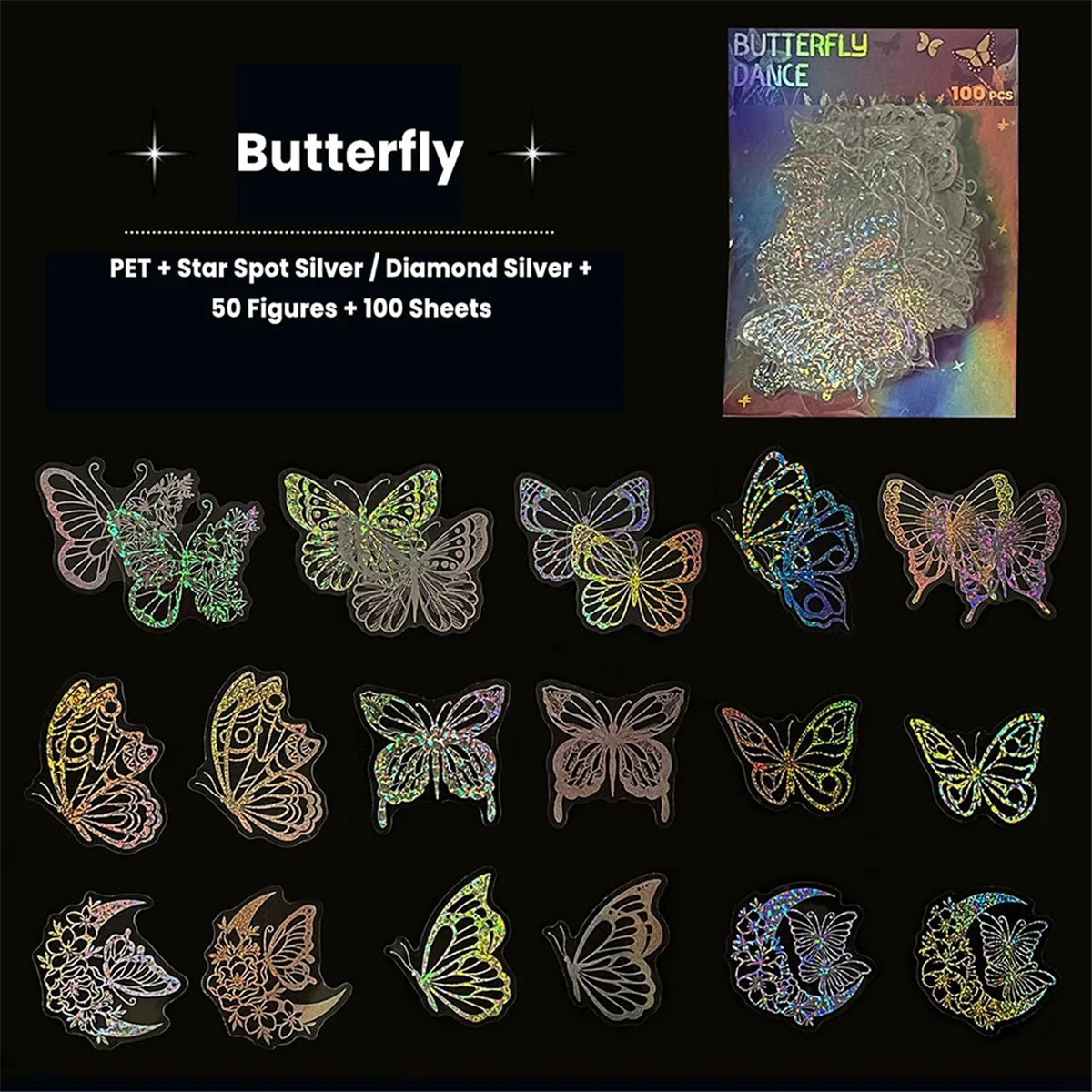 

AA98 100 шт. голографические блестящие наклейки с бабочками, винтажные водонепроницаемые прозрачные декоративные наклейки с бабочкой