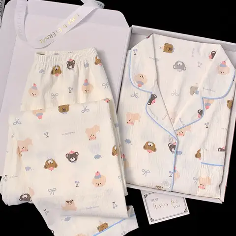 Postpartum Clothing Cartoon Bear Autumn Long Sleeve Outerwear Pajama Women Set Home Clothes Maternity Ladies Sleepwear Hoemwear