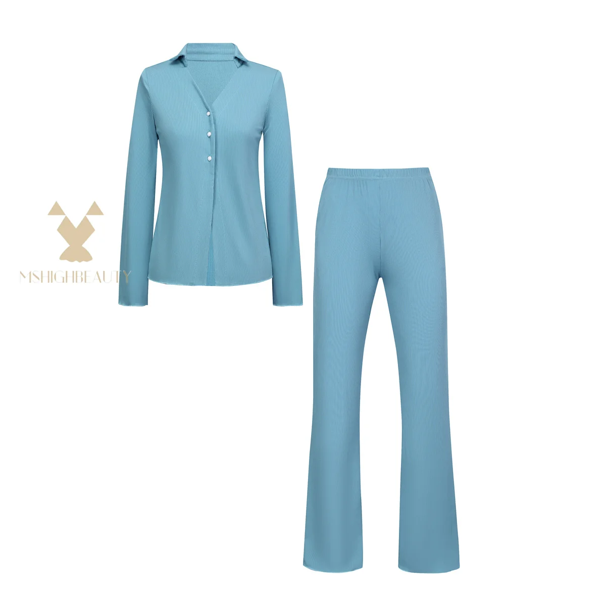 Ensemble deux pièces côtelé extensible bordeaux, haut à boutons et pantalon à jambes larges, bleu clair