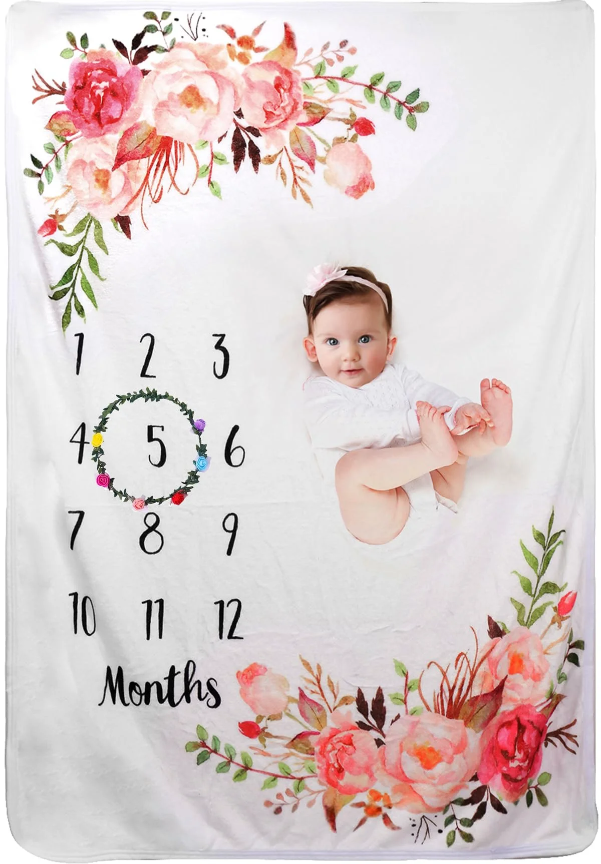 VIKAMA Baby Growth Record Blanket Watercolour Floral Fresh Design Newborn Gift 100-Day & First Birthday Commemorative
