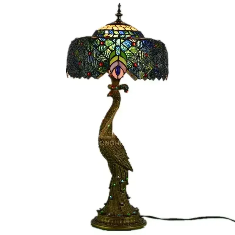 Bedside Light for Living Room Bedroom Home Decoration Tiffany Style Peacock Table Lamp Stained Glass LED Desk Lamp Decorative