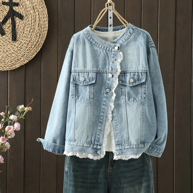 

Spring 2026 Faionable Lace Trim Denim irt Women's Large Size Anti-Aging Top Commute Sle Long Sve round Ne Blouse