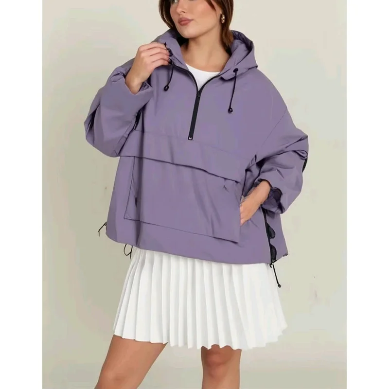 New Autumn Casual Spor Loose Fit Stand Collar Long Sve Hooded Jaet Women's Polyester Fiber Outerwear Coat