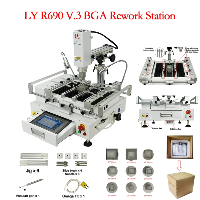 

LY R690 V.3 BGA Rework Station solder stations 3 zones hot air touch screen with laser point 4300W 350x250MM EU plug