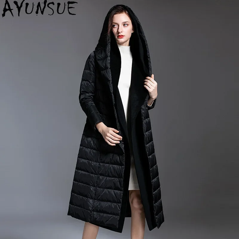 AYUNSUE Witte Eendendons Puffer Jas Vrouwen Plus Size Outerwears Lange Donsjassen met Kap Winter Luxe Kleding Пухоки 2024