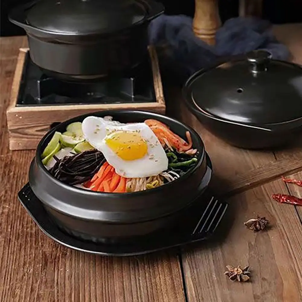Cazuela de 16cm de tamaño, olla de arcilla con bandeja, olla de piedra coreana resistente al calor, utensilios de cocina Bibimbap clásicos negros antiadherentes comerciales