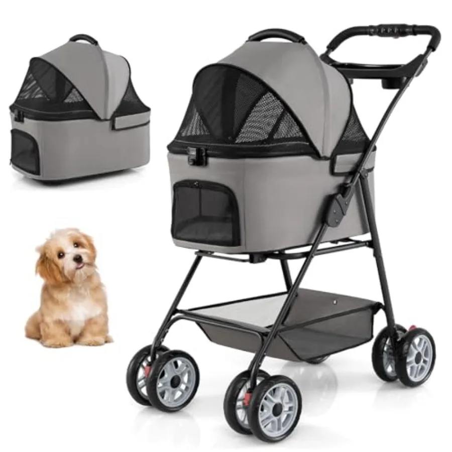

Pet stroller for outdoor use, polyester fabric, black, one-click foldable with detachable carrier and waterproof cover