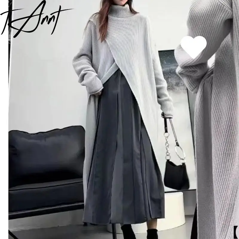 GetSpring Women Dress 2024 Autumn Winter Turtleneck Thickened Split Knitted Dress Fashionable Loose Long Bottoming Sweater Dress