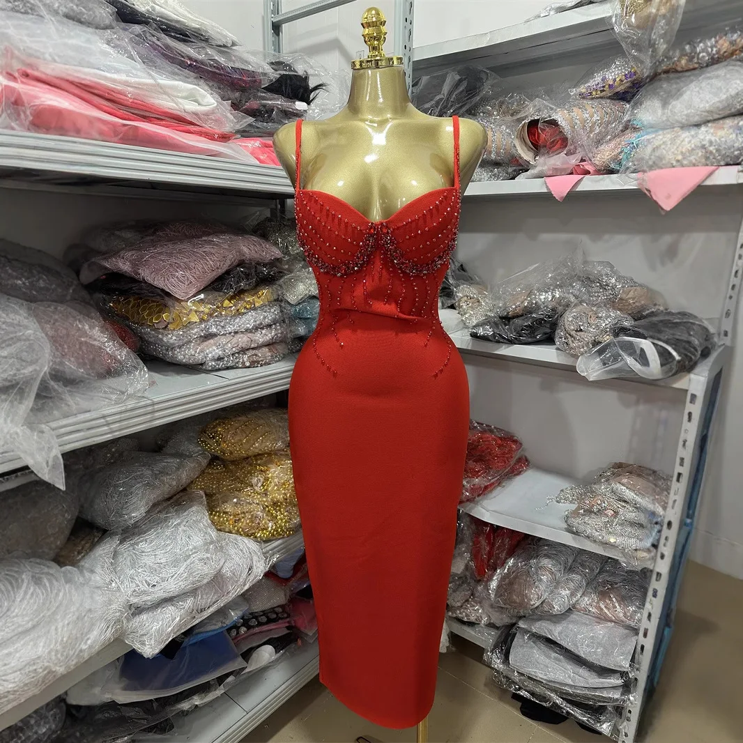 

Women Luxury Designer Red Bandage Dress Spaghetti Strap Diamonds Beading Embroidery Long Birthday Celebrity Evening Party Gowns