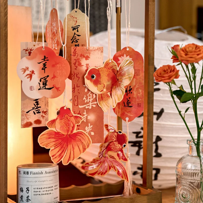 15Pcs Chinese Style Goldfish Lotus Decor Paper Retro Ink Painting Journal Scrapbook Base Supplies