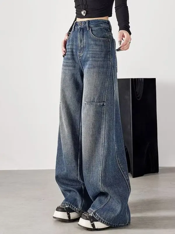 

High Waist Wide Leg Denim Jeans Women's Loose Straight Casual Trousers Vintage Sle Faded Waed Cotton Polyester Blend