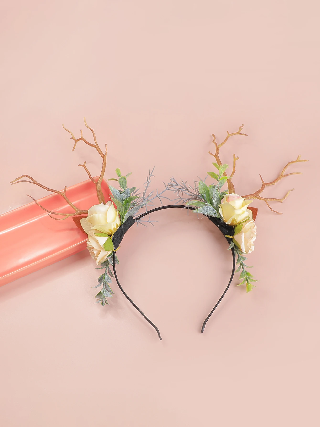 Haarband mit synthetischen Geweihblumen im Wald-Stil, Feenhaarband mit Baumspitzen, Cosplay-Kopfbedeckung für Weihnachten und Halloween, Foto- und Videodrehszenen – Detail 4
