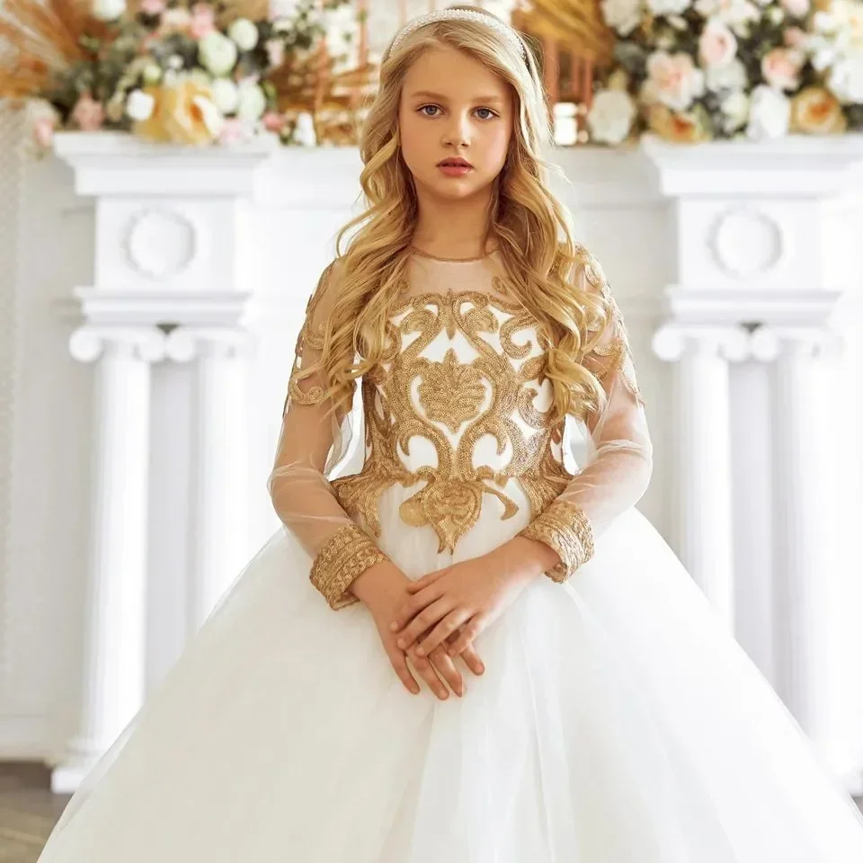 Luxury Glitter Sequined White Bow Flower Girl Dresses For Wedding Full Sleeves O-neck For Wedding Party First Communion Gowns