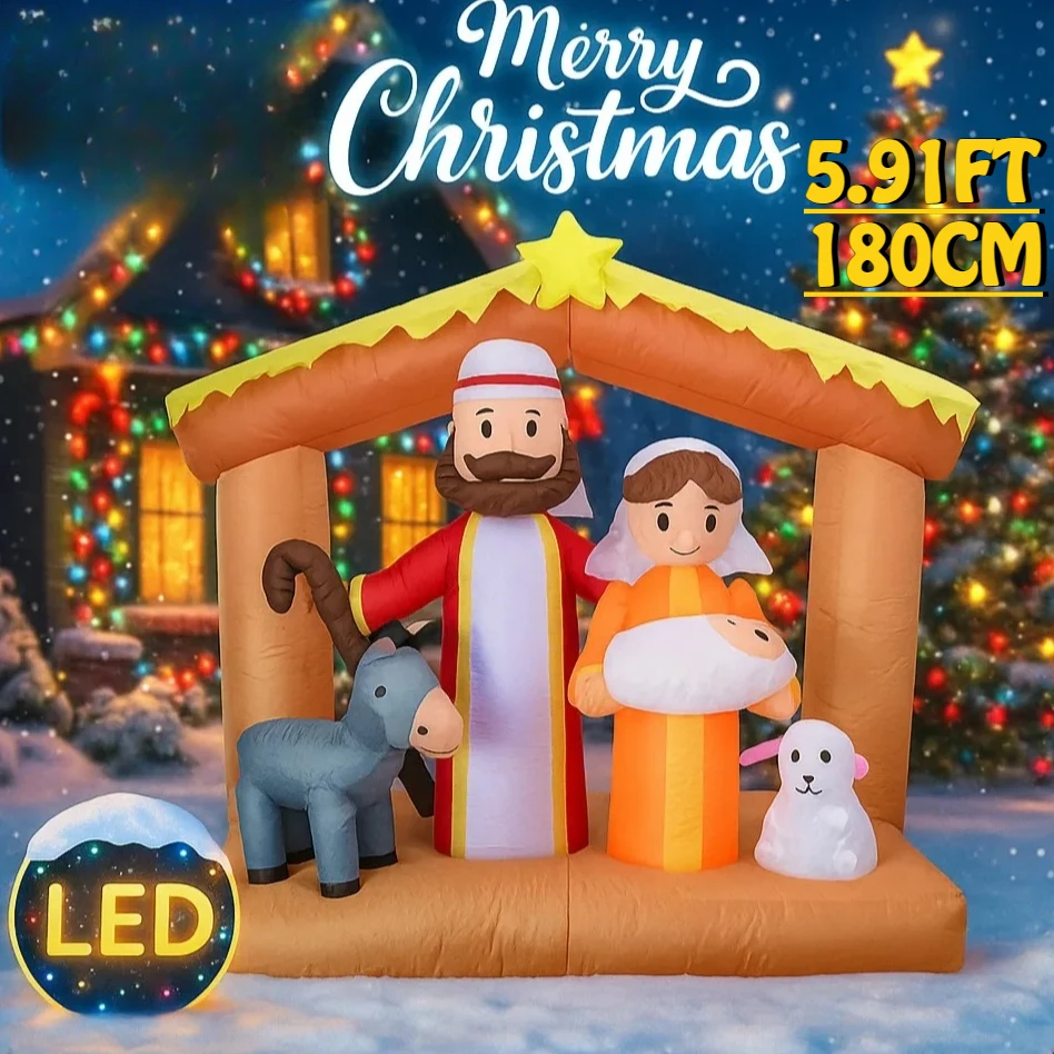 

5.91FT Inflatable Toy Jesus Donkey Lamb Nativity With LED Lights Xmas Decorations for Yard Home Ornament Supplies Festive Gifts