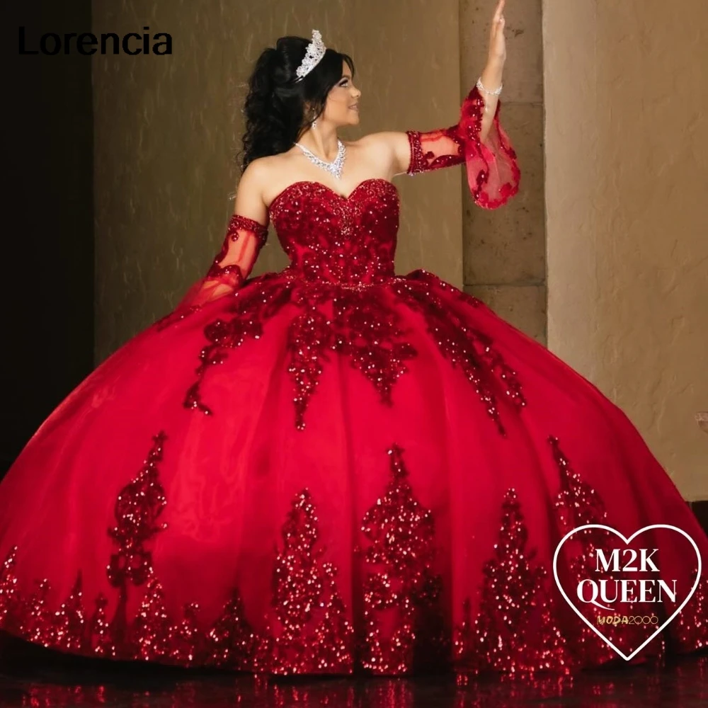 Customized Red Long Sleeve Quinceanera Dress Ball Gown Lace Applique Beading Tiered Corset Sweet 16 Vestidos De 15 Años YQD920