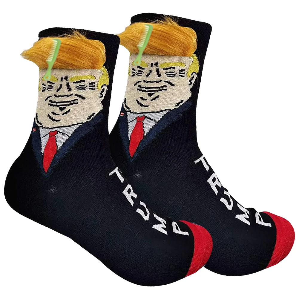 2024 President Donald Trump Spoof Funny Socks with 3D Fake Hair Crew Socks Compression Socks Skateboard Long Socks for Men Women