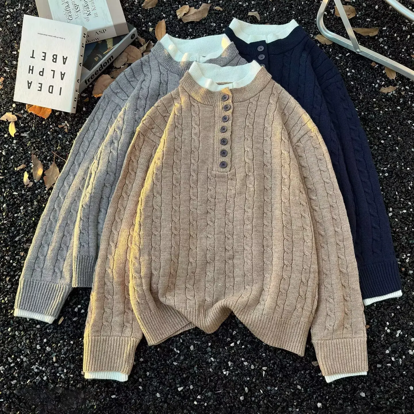 

Вязаный свободный мужской свитер в американском стиле ретро, искусственный двухсекционный ленивый слэ, осень-зима, повседневная винтажная ветровка, длинный топ све