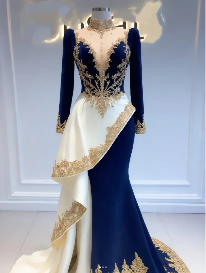 Customized Designer Contrast Color Sexy High-Coller Prom Dress Long Sleeves  Appliques Sequins Beaded Long Evening Dresses
