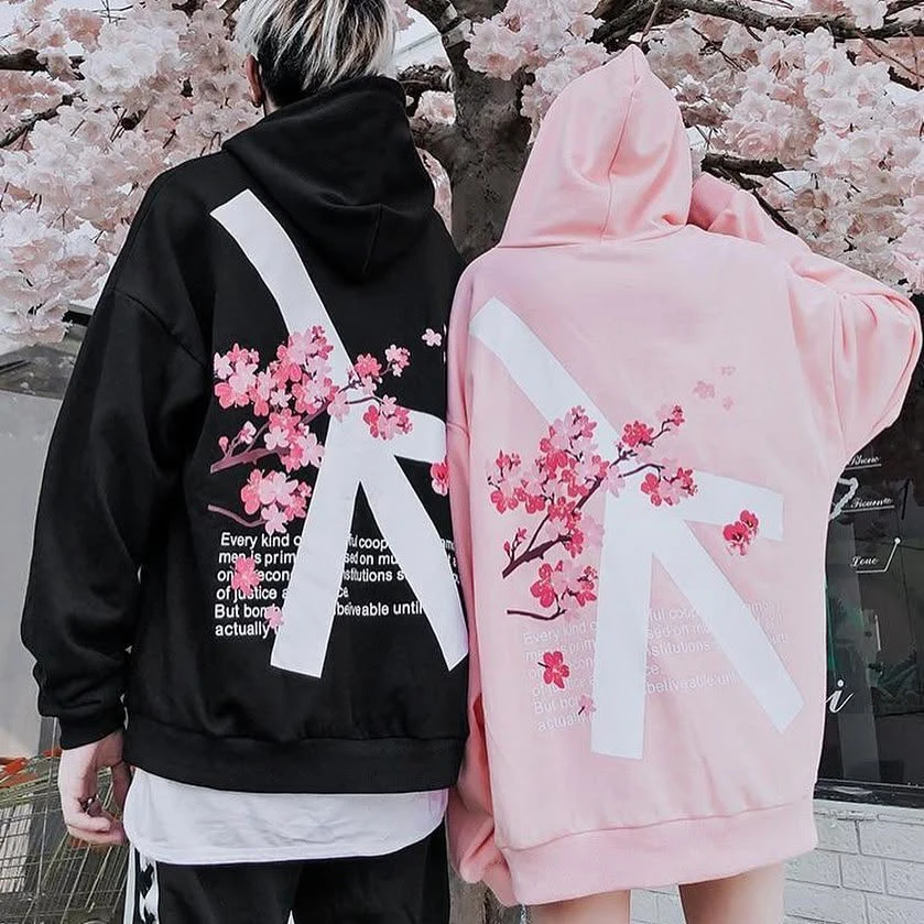 Y2K Cherry Blossom Cross Art Letter Prints Womens Hoodies Winter Fleece Warm Pocket Sweatshirts Korean Couple Oversized Clothing