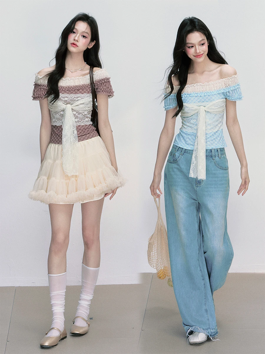 

Fragile Heart Original Lace Trim Short Sleeve Mesh Ribbon Shoulder Top Women's Summer Fashion Sexy Splice Style Polyester Blend
