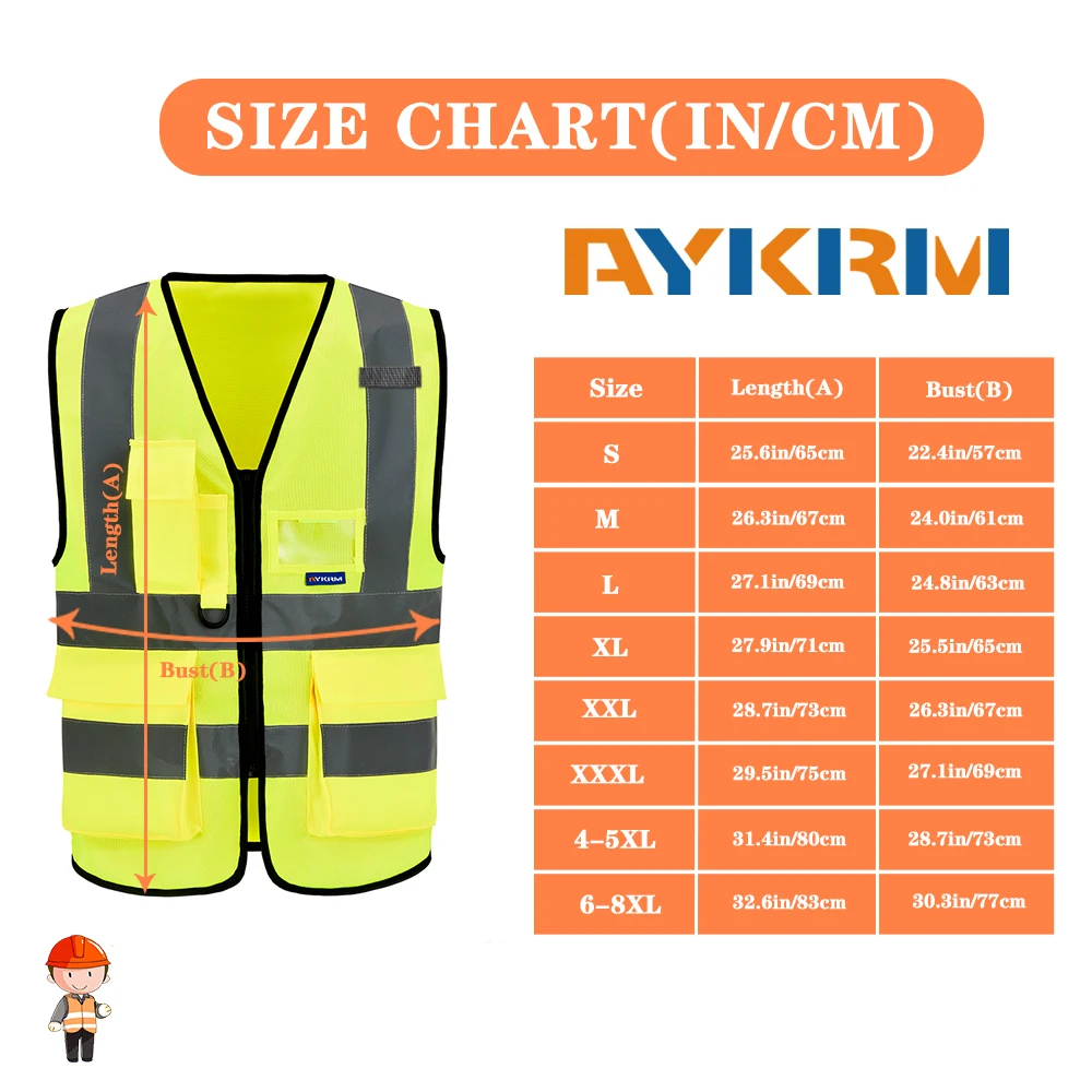 AYKRM 21 Colour （XS-8XL) Hi Vis Viz High Visibility Reflective Zip Pocket Security Waistcoats Jacket Workwear Vests