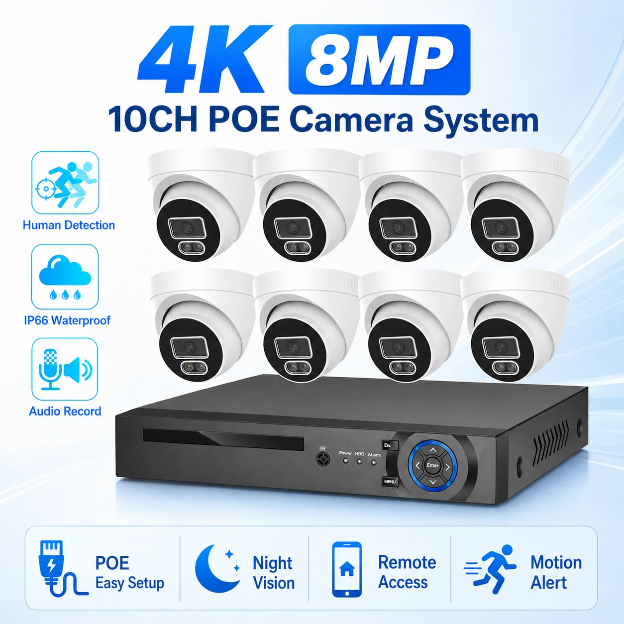 4K 8MP 10CH PoE NVR Kit with Turret Cameras Human Detection Audio Record IP66 Night Vision Remote CCTV Security System