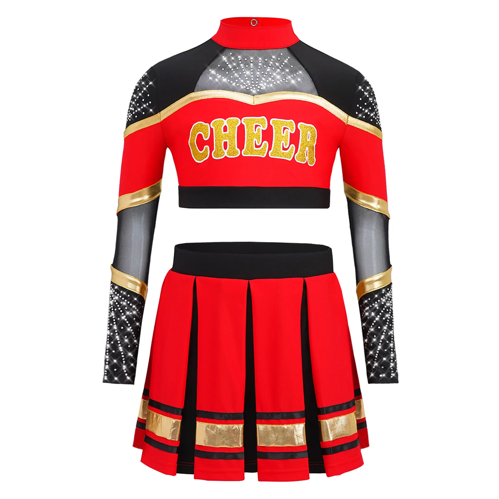 Costumes de pom-pom girl pour filles, uniformes de cheerleading, haut court à manches longues, jupe courte plissée en forme de A, robe de danse de performance