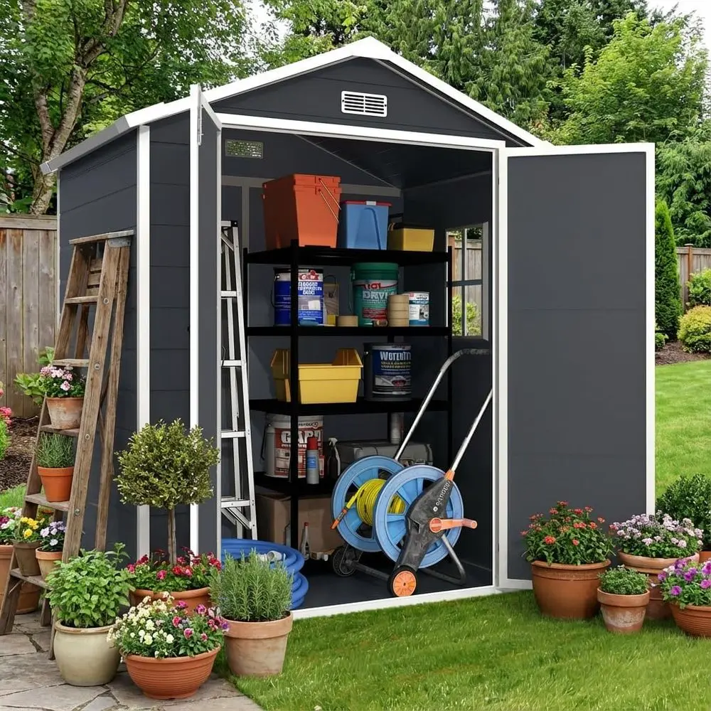 

6x4ft Outdoor Storage Shed with Floor, Waterproof & UV-Resistant Resin, Lockable Double Doors, Air Vents, Side Window (Grey)