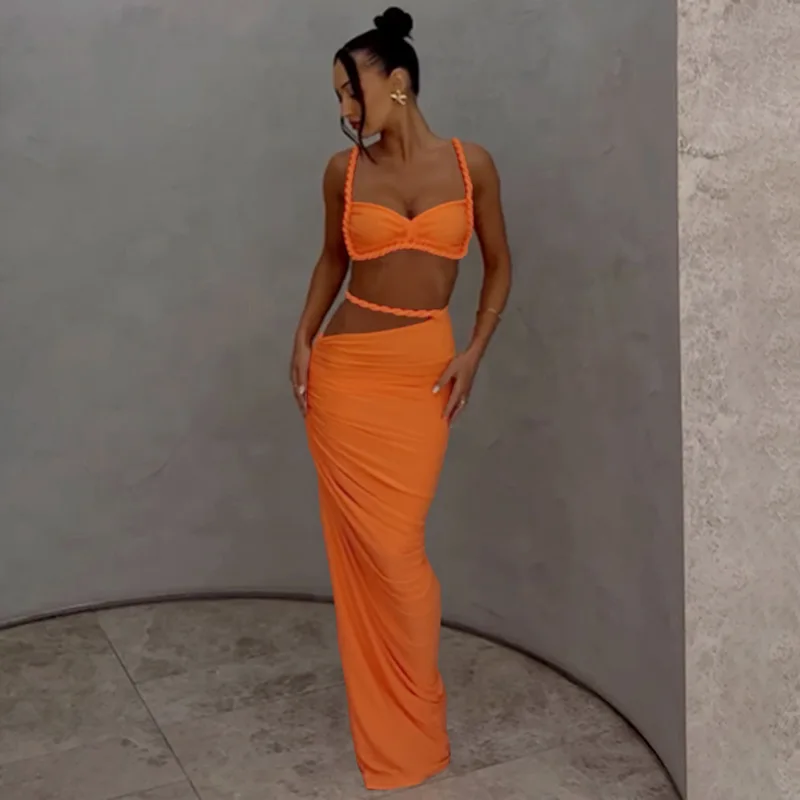 

Sexy Women's 2-Piece Summer Vacation Slim Fit Pleated Short Camisole Pleated High Waist Maxi Skirt Solid Color Two-Piece Set