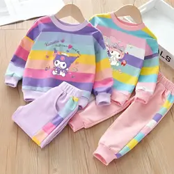 Autumn Kid Girls Rainbow Stripe Clothes Set Children Boy Cartoon Printed Sweatshirts Top And Pants Bottom Suit Baby Tracksuits