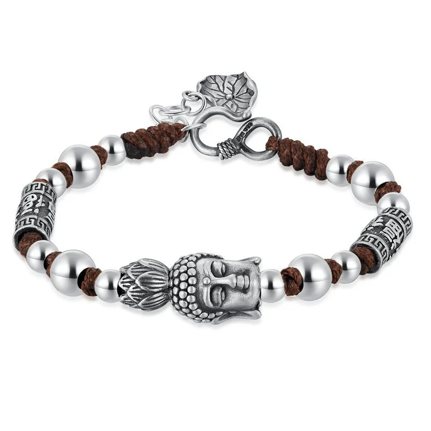 S999 Sterling Silver Vintage Buddha's Head Braided Bracelet For Man Woman Thai Silver Retro Custom Folk Beads Bracelets Jewelry