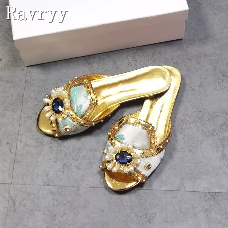 

Luxury Gemstone Flower Women Slippers Designer Floral Cloth Open Toe Flat Bottomed Sandals Summer New Comfortable Beach Slipper