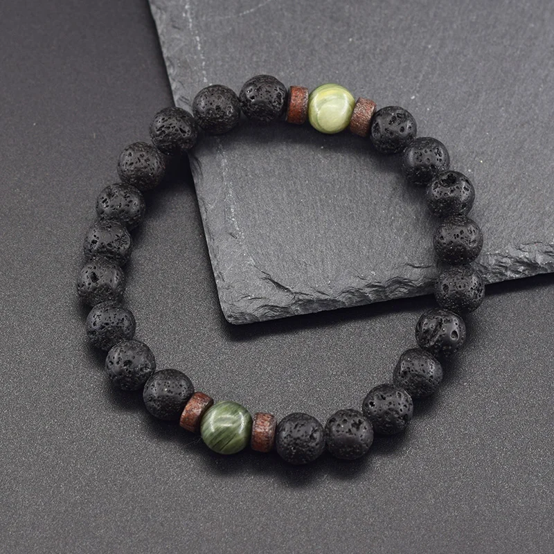 Natural Green Straw Hat Stone Beads Bracelet Men Natural Sparrow Stone Volvanic Lava Beads Jewelry for Women Elastic Bangle Gift