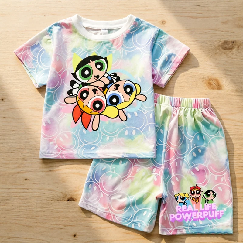 

The Powerpuff Girls Season Children Smiley Face Set Cartoon Character Print Short Two Piece Suit Girls Kawaii Summer Casual Wear
