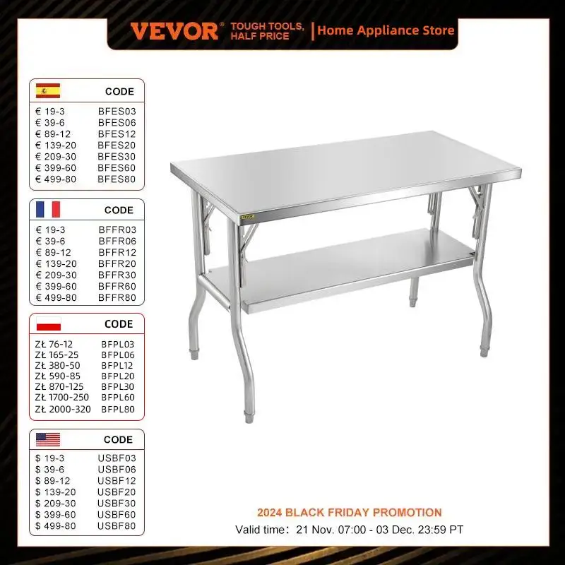 VEVOR Commercial Worktable Workstation 48 x 24 Inch Folding Prep Table, Heavy-duty Stainless Steel Folding Table w/ 772 lbs Load