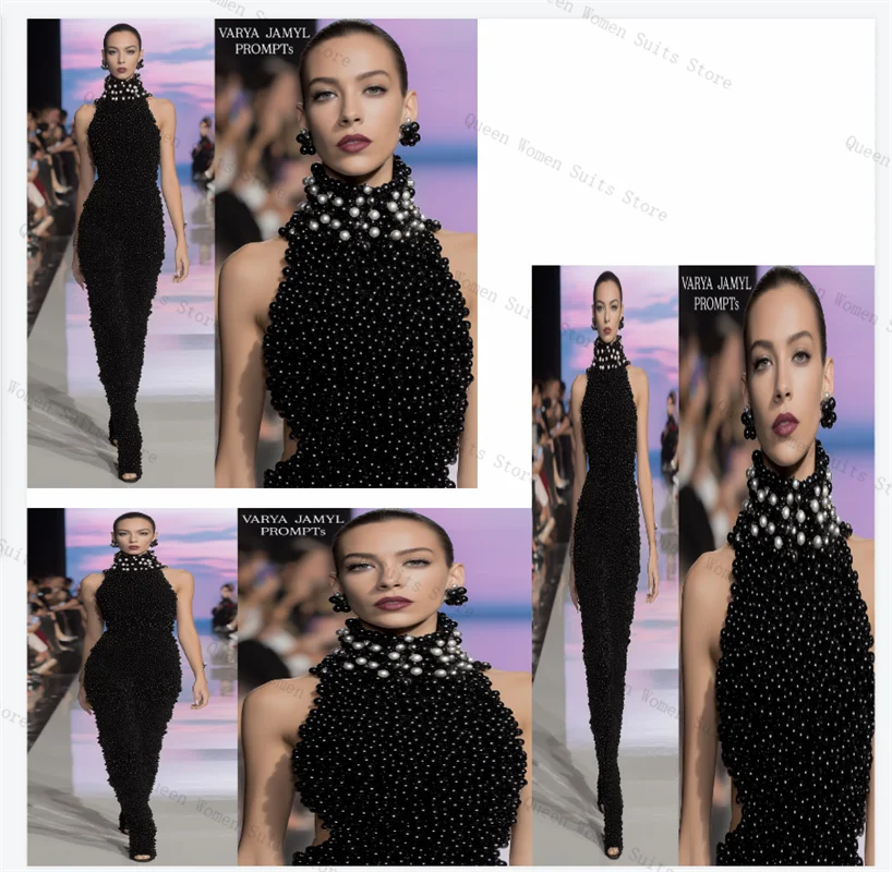 Ensemble de costume de luxe en perles noires pour femmes, 2 pièces, haut, soutien-gorge + pantalon, veste formelle de bureau, manteau de mariage sans manches, personnalisé