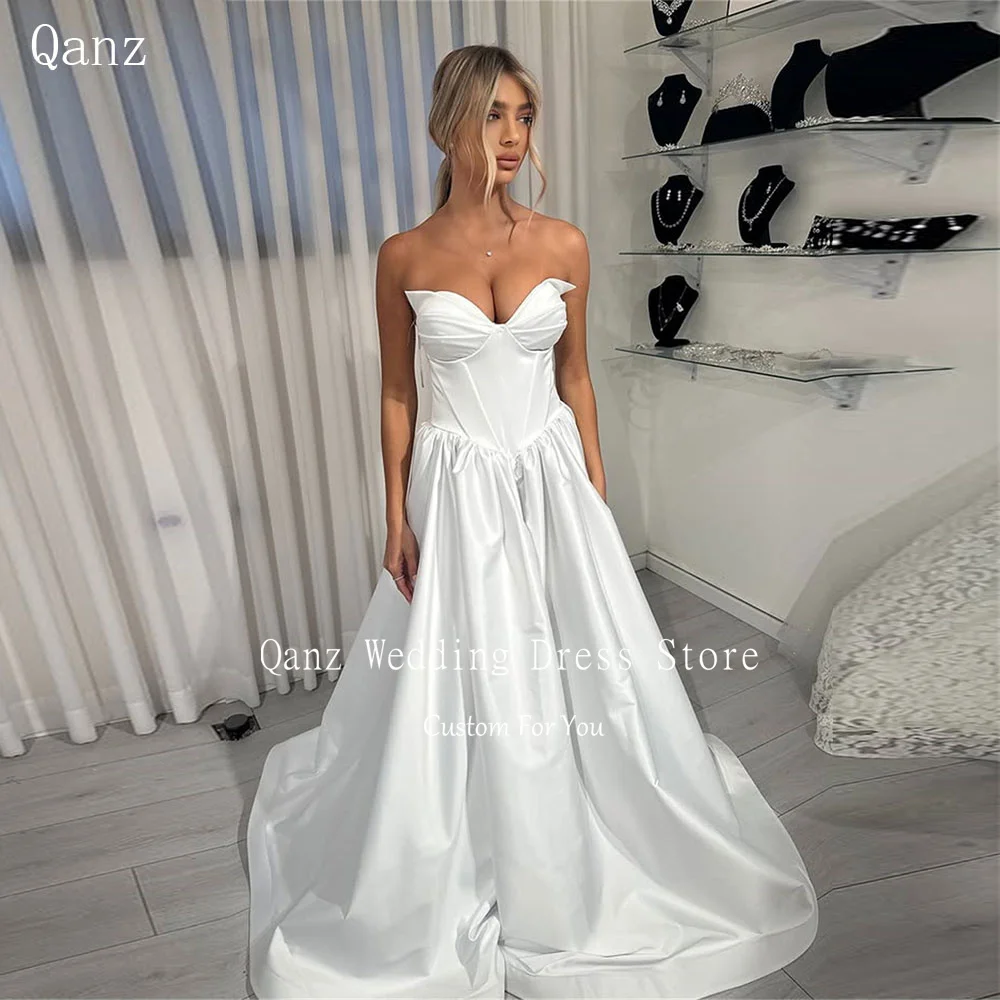 

Qanz Classical Wedding Dresses Sweetheart Long A Line Satin Robes De Mariée Grande Taille Sleeveless Bridal Gowns Customized