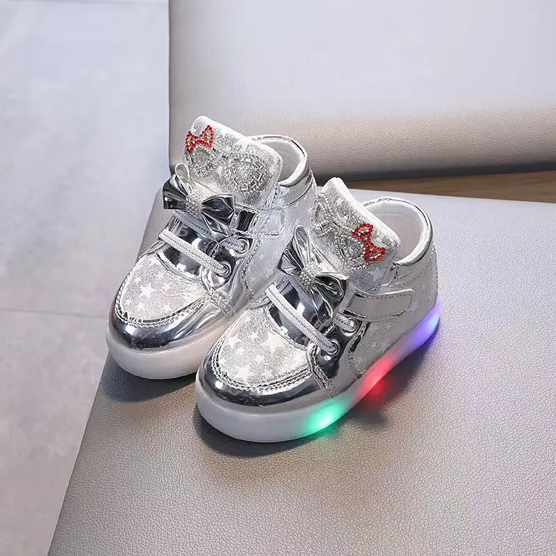 Kids LED Light Up Shoes Girls Bow Rhinestone Sneakers - Glowing Leather Ankle Boots, Luminous Board Shoes for Toddler Girls - Image 3