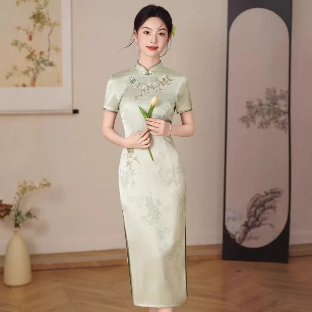 Modern Cheongsam Dress Women Embroidery Jacquard Double Layer Low Slit Short Sleeve Qipao Chinese Wedding Dress SW-047