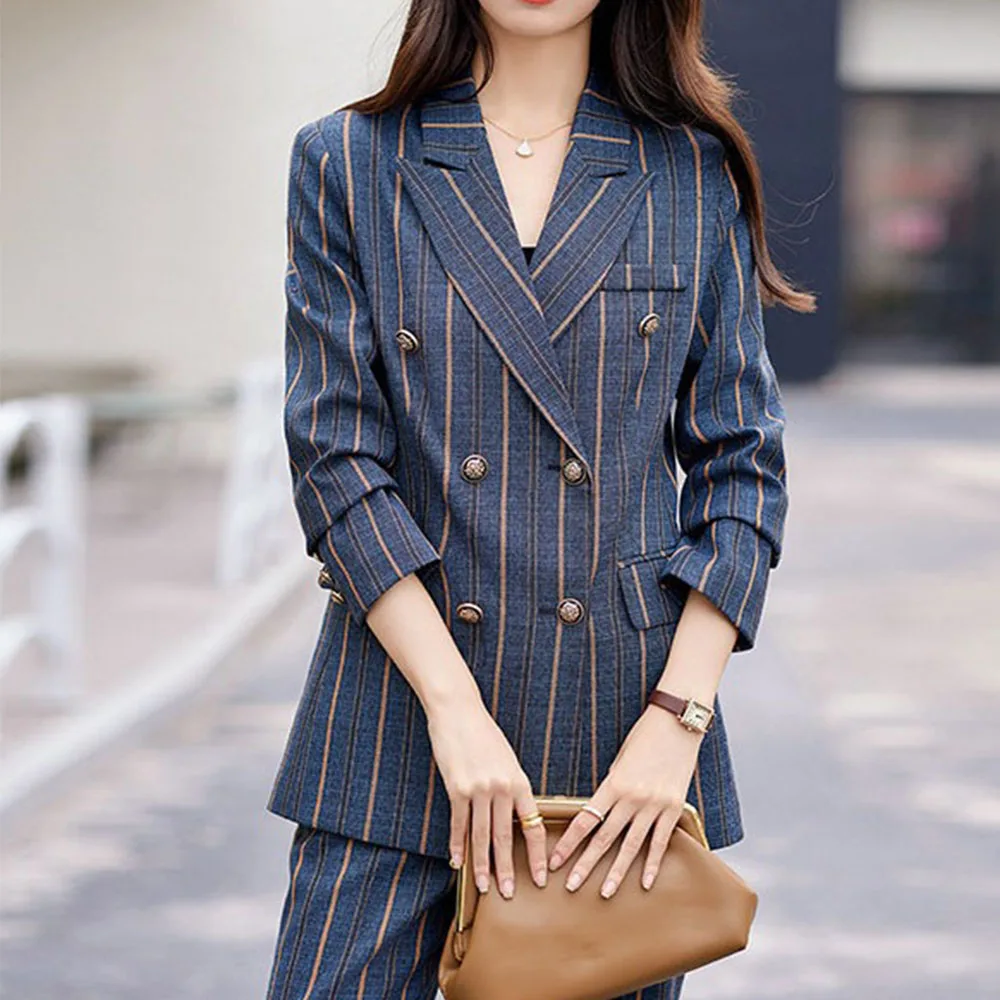 Tesco Striped Women Suit Sets Spring Autumn Full Sleeve Blazer Jacket+Pants Senior Formal Pantsuits For Business Female Suit