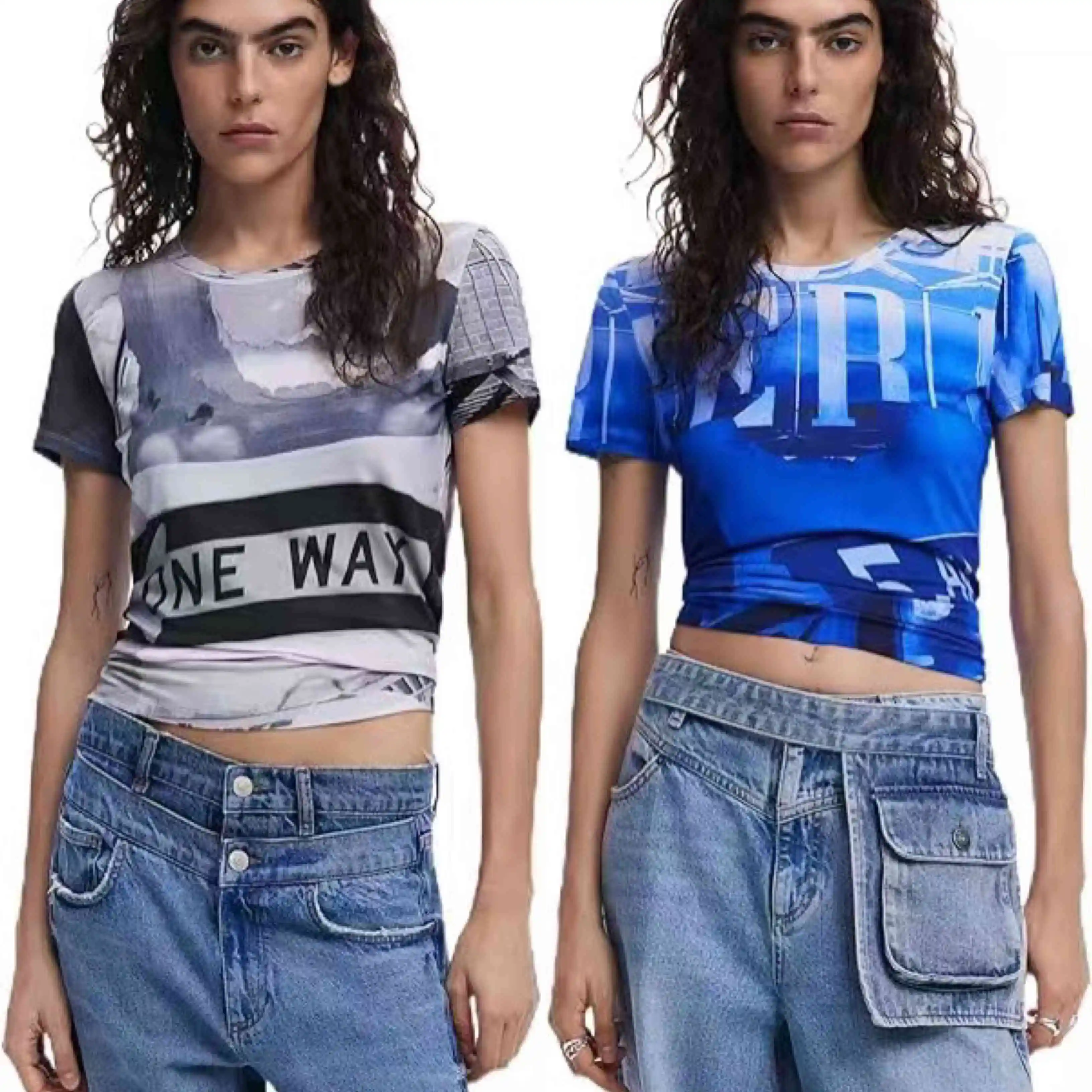 Foreign Trade Spain Original Summer Fashion Women's T-shirt Elastic Round Neck Printed Slim Fit Top Lightweight and Breathable
