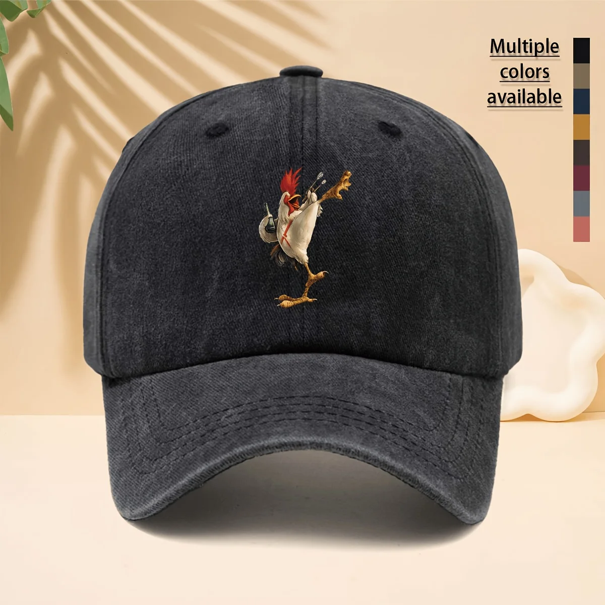1pc Cartoon Rooster Playing Guitar Washed Baseball Cap Vintage Style Humorou High-street Fashion Snapback Cap for Walking Tralve