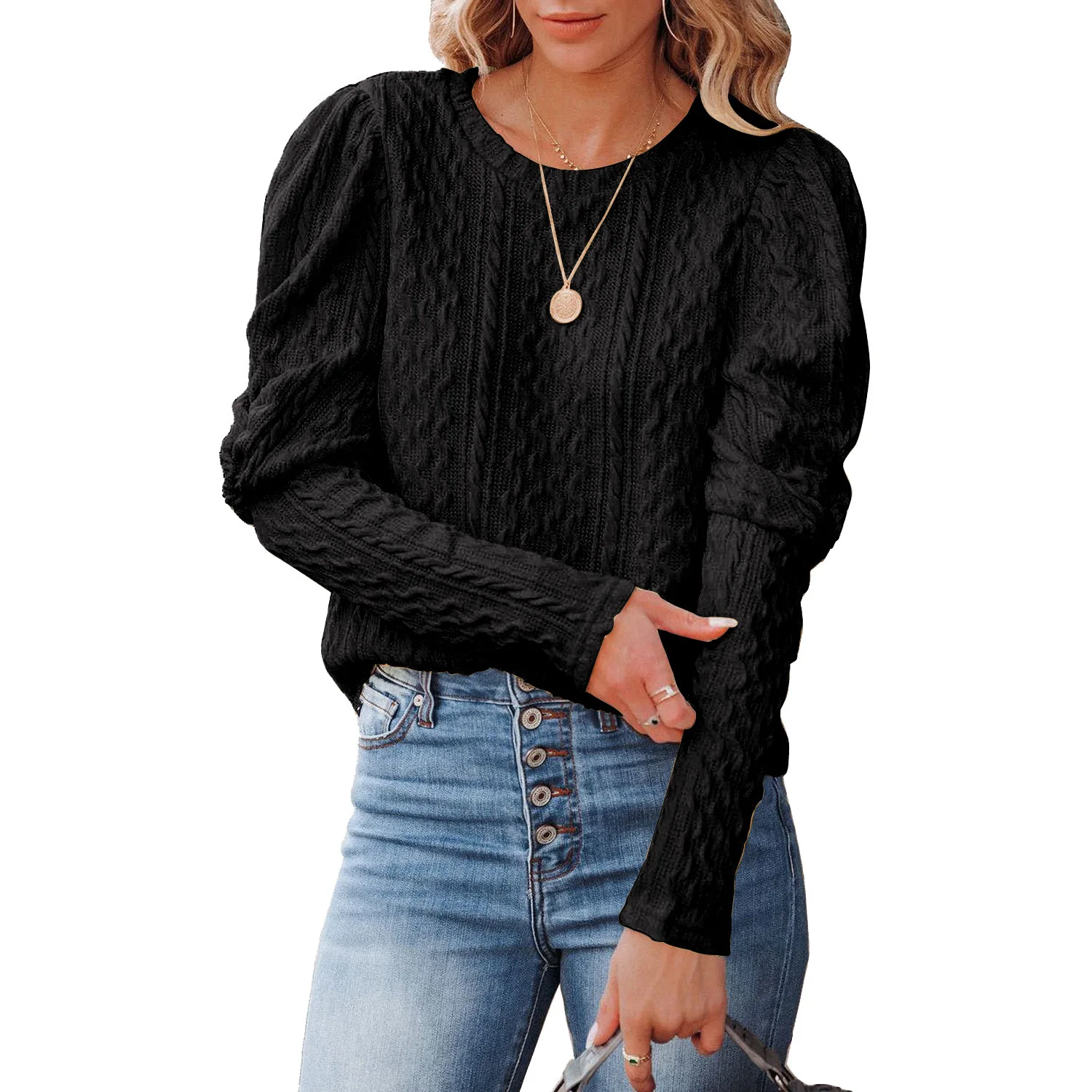 

Women's Sweater Autumn and Winter New Solid Color Jacquard Round Neck Long-sleeved Knitted Sweater Fashion Casual Tops Female