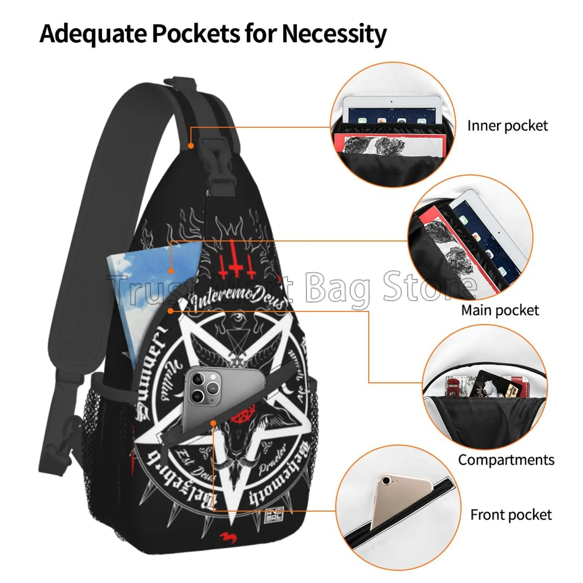 Black Satan Skull Dead Goat Head Graphic Sling Bag Casual Chest Shoulder Bag Unisex Crossbody Backpack for Travel Sports Hiking