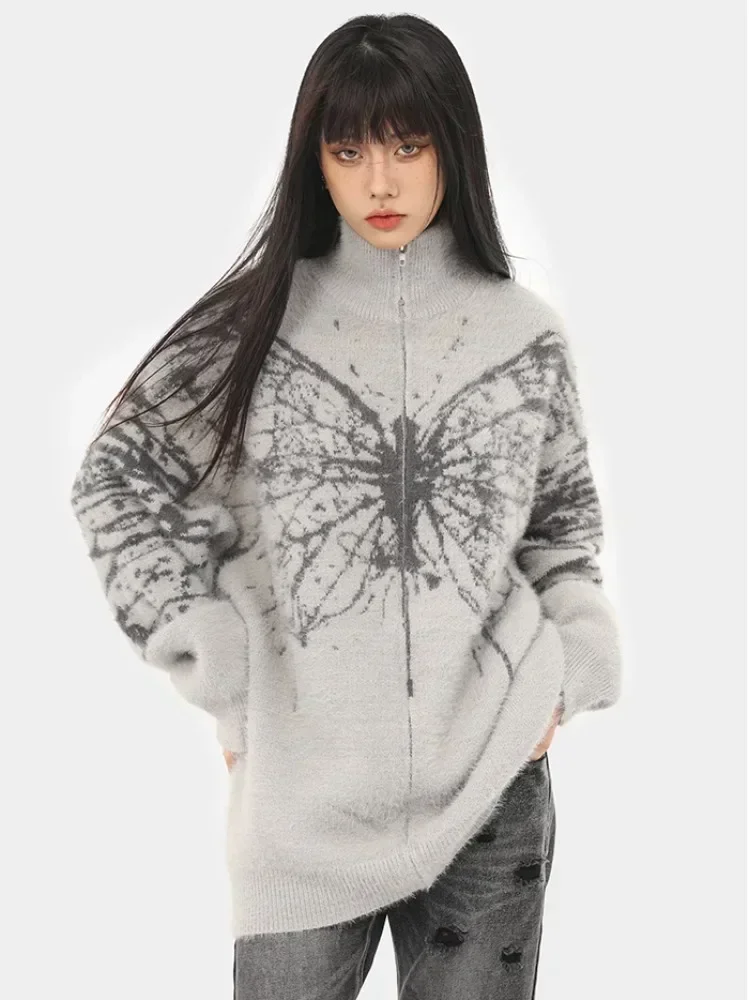 Deeptown Fluffy Oversized Butterfly Zip Up Cardigan Women Grunge Y2k Streetwear Knit Sweater Black Gray Vintage Long Sleeve Tops